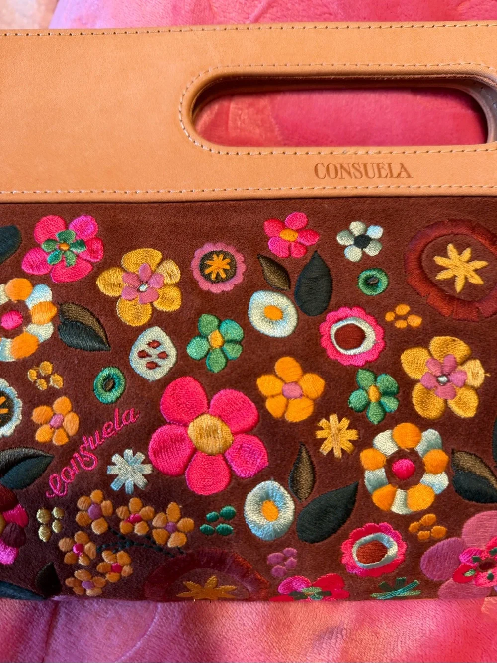 Consuela Brown Floral Embroidered Clutch with Pink & Yellow Accents